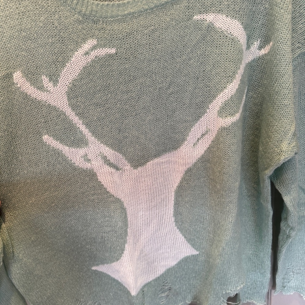 Romwe Pastel Goth Distressed Deer Sweater Jumper Tumblr 2014 Kawaii Cute Mint OS - Picture 4 of 12